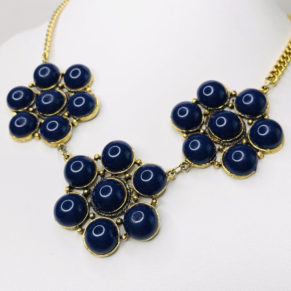 Yochi Statement Gold Chain Necklace 18” Cobalt Blue Cabochon Floral Signed Gift